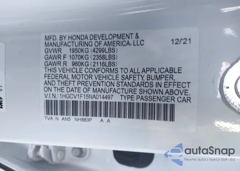 2022 Honda Accord Lx from USA, damaged, VIN 1HGCV1F15NA014497